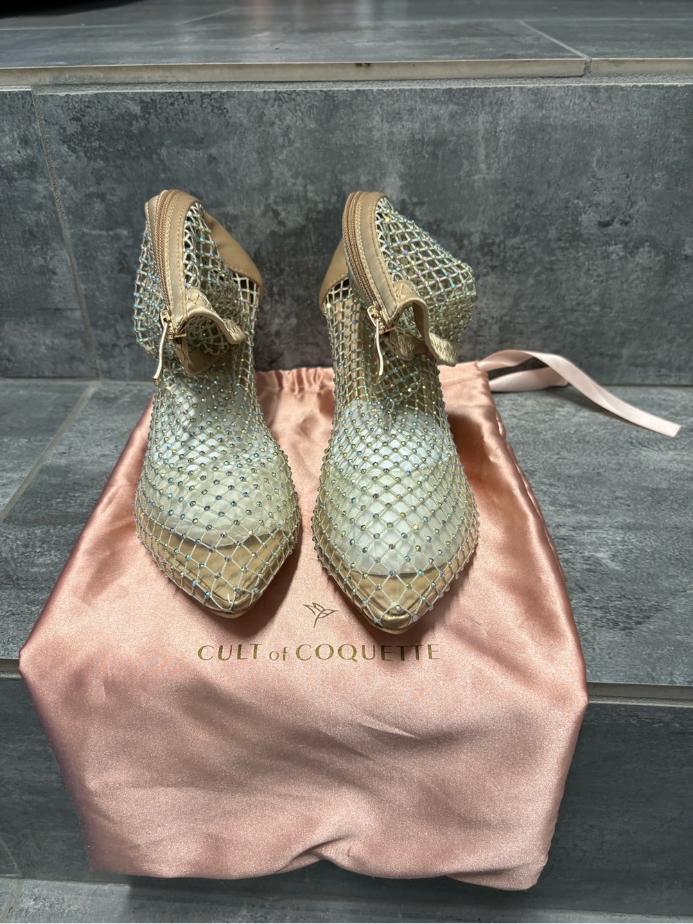 Cult Of Coquette Rhinestone Mesh Pointed Toe Sock Boots Size US 7